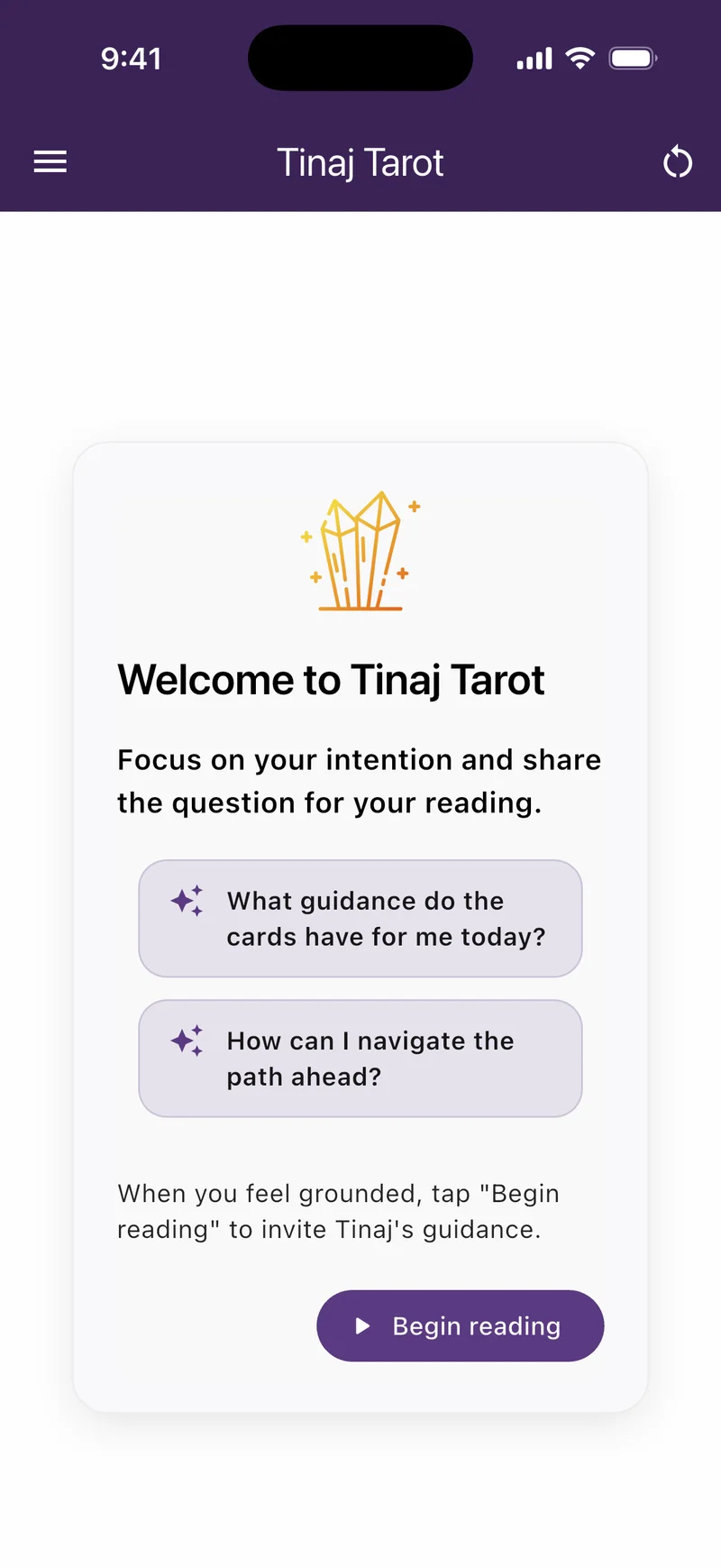Tinaj app welcome screen with suggested questions for a reading